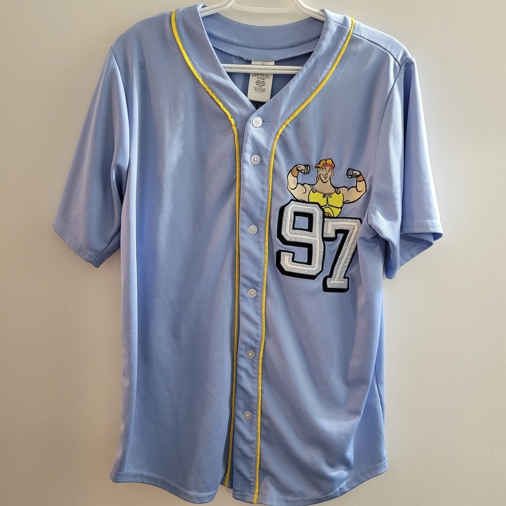 Disney Hercules Baseball Jersey Size Small Powder Blue Embroidered